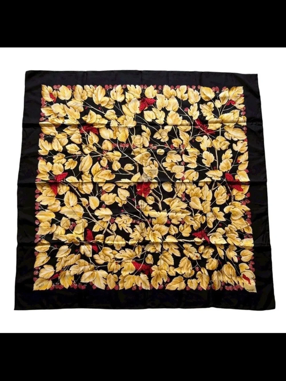 Hermes Black Silk Scarf with Gold Leaves and Red Berry Accents